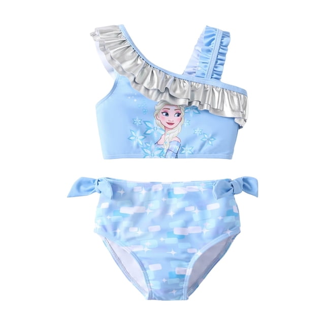 Traje de baño Disney Frozen Elsa con un hombro y volantes para niñas de 4 a 5 años
