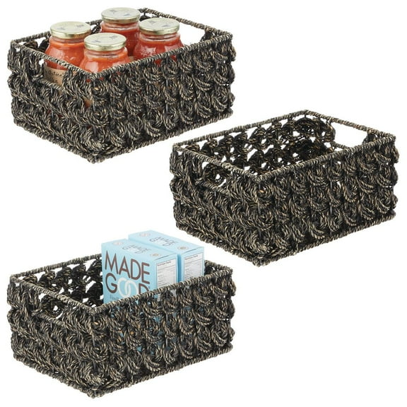 mDesign Seagrass Rose Weave Household Basket with Handles, 3 Pack, Black Wash
