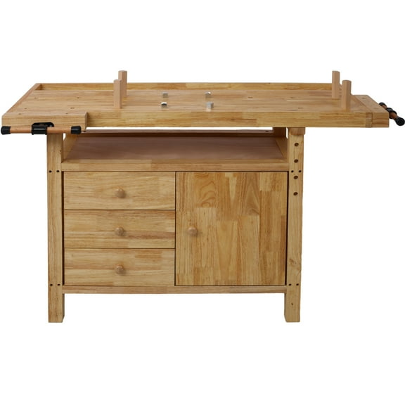 55-Inch Wooden Workbench,Workbench with 3 Drawer and Cabinet,Storage Work Bench with Vises,Heavy Duty Workbench for Garage Workshop and Home