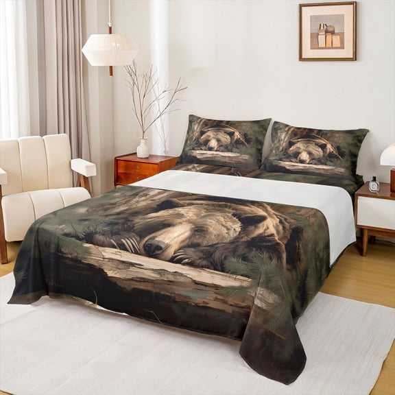 Feelyou 3D Brown Bear Bed Sheets, Farmhouse Animal Wildlife King Sheets, 4pcs