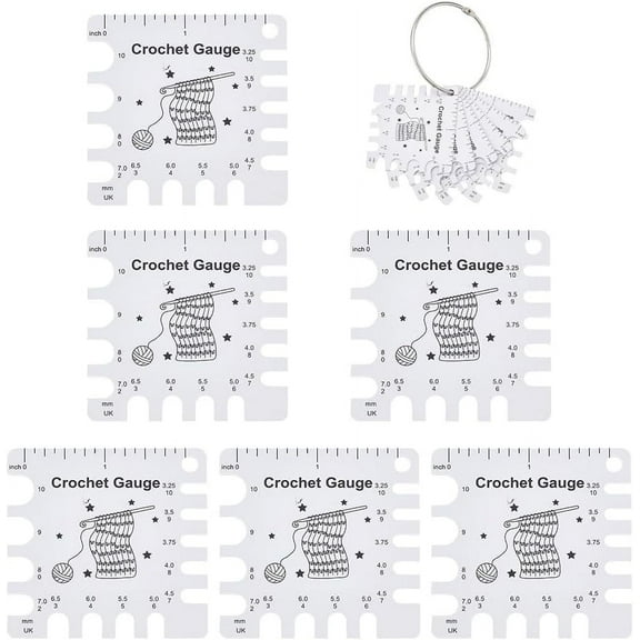 6 Pcs Crochet Gauge Tools Square Plastic Knitting Needle Gauge with Binder hinged Rings Knitting Gauge Rulers Crochet Hook