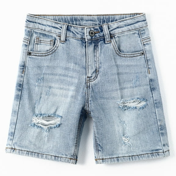 KIDSCOOL SPACE Boys Summer Denim Shorts, Ripped Holes Soft Elastic Band Inside Half Jean Pants,Light Blue,4-5 Years