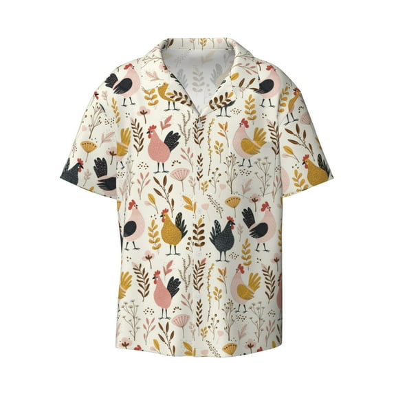 Naloa Cartoon Chickens Men's Loose Fit Cuban Collar Short-Sleeve Shirt with Button-down and Chest Pocket for Everyday Wear Outings - Small