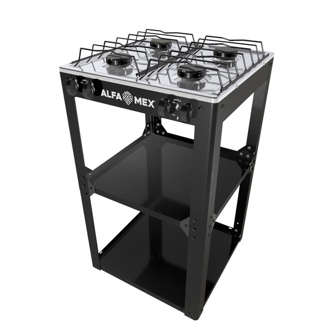 parrilla de gas 4 quemadores con estante armable y cubierta de acero inoxidable alfa network 712-4 parrilla a gas negra en vista 3/4 con cuerpo y mueble en pintura electrostática, estante inferior tipo bandeja, cubierta superior de acero inoxidable y rejillas calibre 8; muestra cuatro quemadores y perillas para encendido manual. Medidas aprox. frente 47 cm, fondo 52 cm, alto 84.2 cm; apta para gas LP y soporta hasta 20 kg. A menudo se usa también como mesa de apoyo temporal en eventos al aire libre.