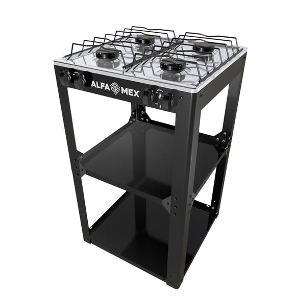 Parrilla de gas 4 quemadores con estante armable y cubierta de acero inoxidable ALFA NETWORK 712-4