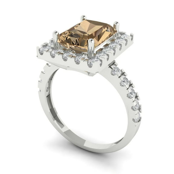 3.84ct emerald cut champagne Zircon 18k white gold halo Bridal Wedding Engagement Promise Anniversary Ring for Women size 3.75
