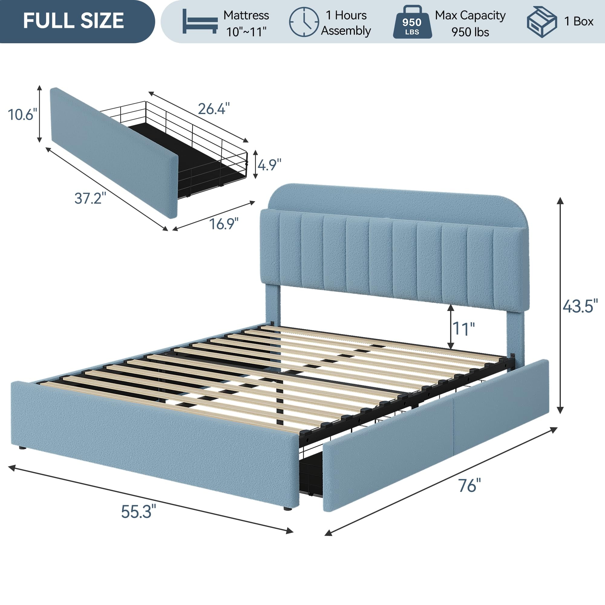 Upholstered FULL Platform Bed, FULL Size Bed Frame with Storage Underneath and Headboard, Wood Platform Bed for Bedroom (Blue)