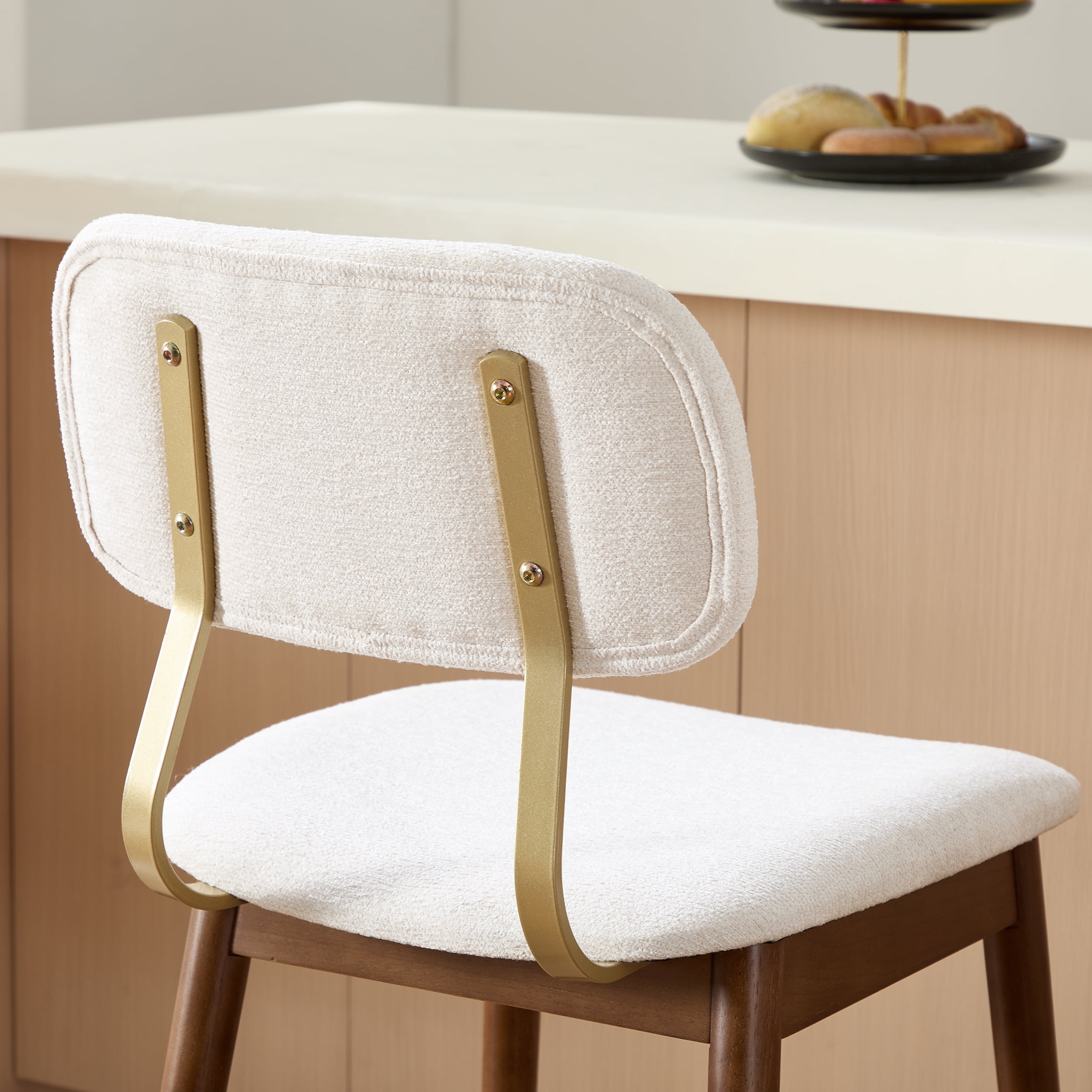Garitin Bar Stool Set of 2 and Counter Height Chairs, Wooden Fabric Upholstered Seating with Curved Backrest for Kitchen Bar, Beige