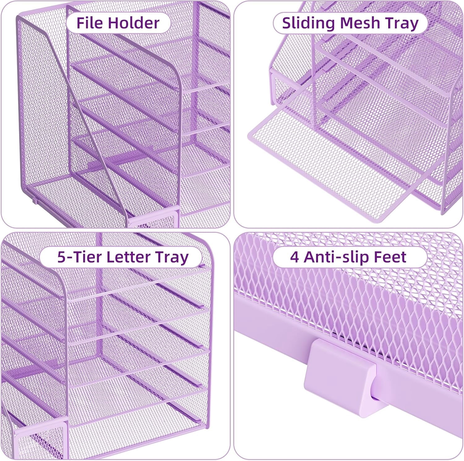 Desk Organizers and Accessories, 5-Tier Paper Letter Tray Organizer with File Holder, Mesh File Organizer, Office Desk Accessories & Organization for Supplies (Purple)