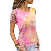 LAPA Women Tie Dye Print Crew Neck Hollow Out Short Sleeve Casual T-shirt Top