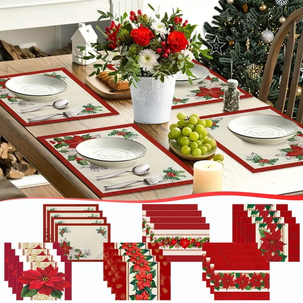 Juego de Manteles Individuales de Navidad de 4 • Manteles de mesa navideños para decoración del comedor • Vinilo lavable festivo