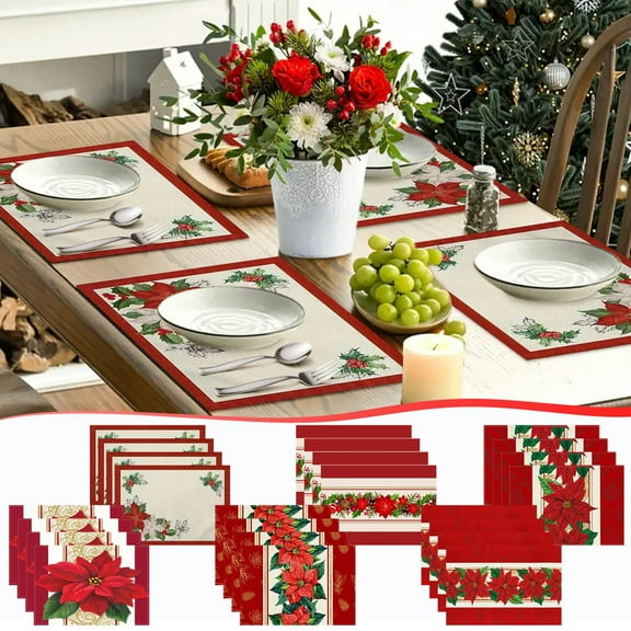 Lwlmwt Christmas Placemats,45x30cm Christmas Placemat and Table Mat 4pc,Winter Red Table Mat Waterproof Washable,for In Door Dinning Heat-Resistant Dining Table