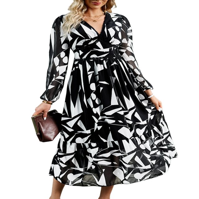 Pattern Print Lace Trim Beach Dress with V Neck for Women‘s Long Sleeve