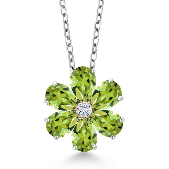 Gem Stone King 925 Silver and 10K Yellow Gold Pear Shape Flower Pendant with Chain Peridot Moissanite (2.55 Cttw)