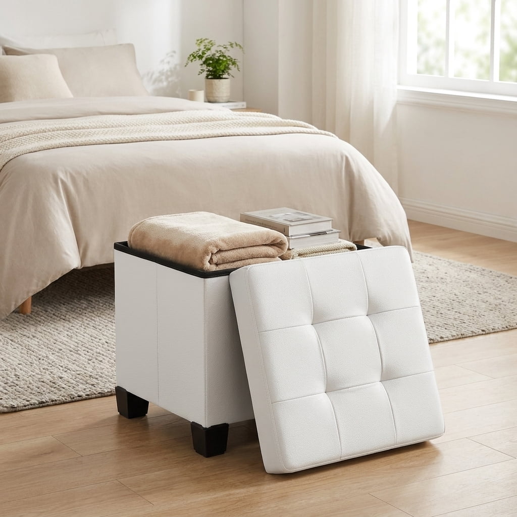 Ledrem Cloud White Square Foldable Storage Ottoman with 10 Gallon Storage, Tufted PVC Leather Footrest