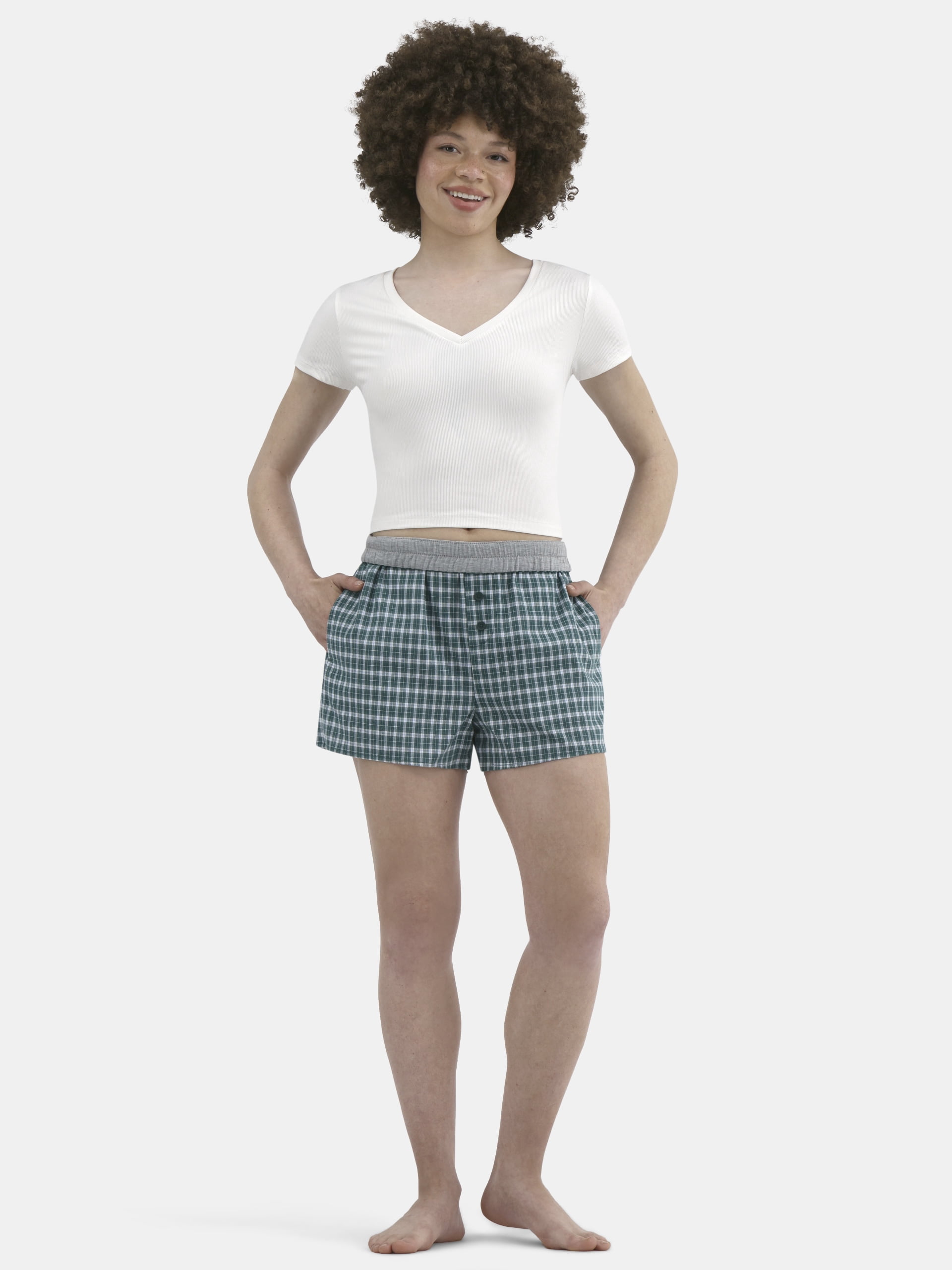 No Boundaries Cotton Boxer Shorts with Rollover Waist, 3'' Inseam, Women's