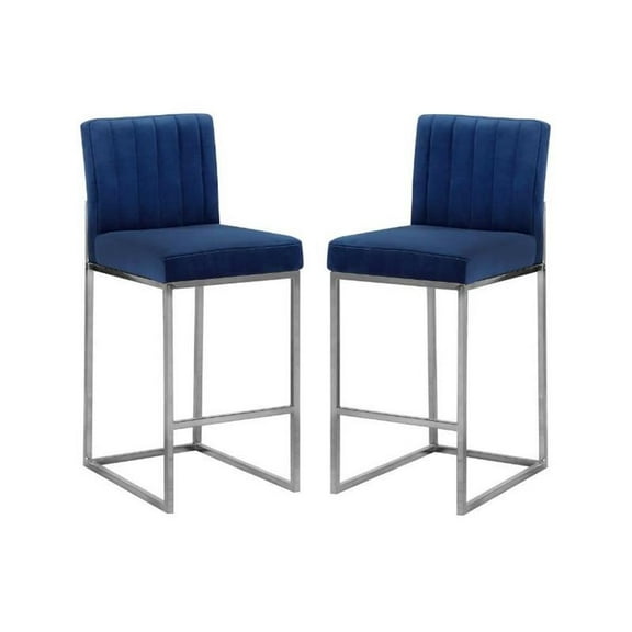 Home Square 2 Piece Upholstered Velvet Counter Stool Set in Navy Blue