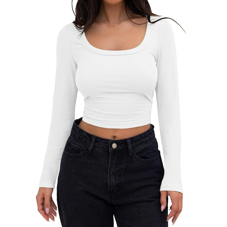 ◆as if calie◆ GURLS BASIC CROP LONG SLEEVE TSHIRT WHITE CA WNEGSTG Long Sleeve Shirts for Women Ribbed Slim Fitted Crop