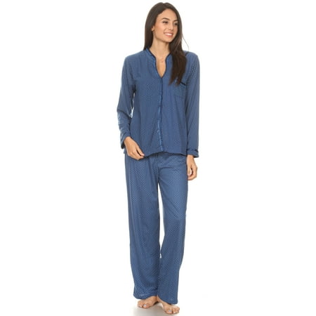 

2120 Womens Sleepwear Pajamas Woman Long Sleeve Button Down set Navy XXL