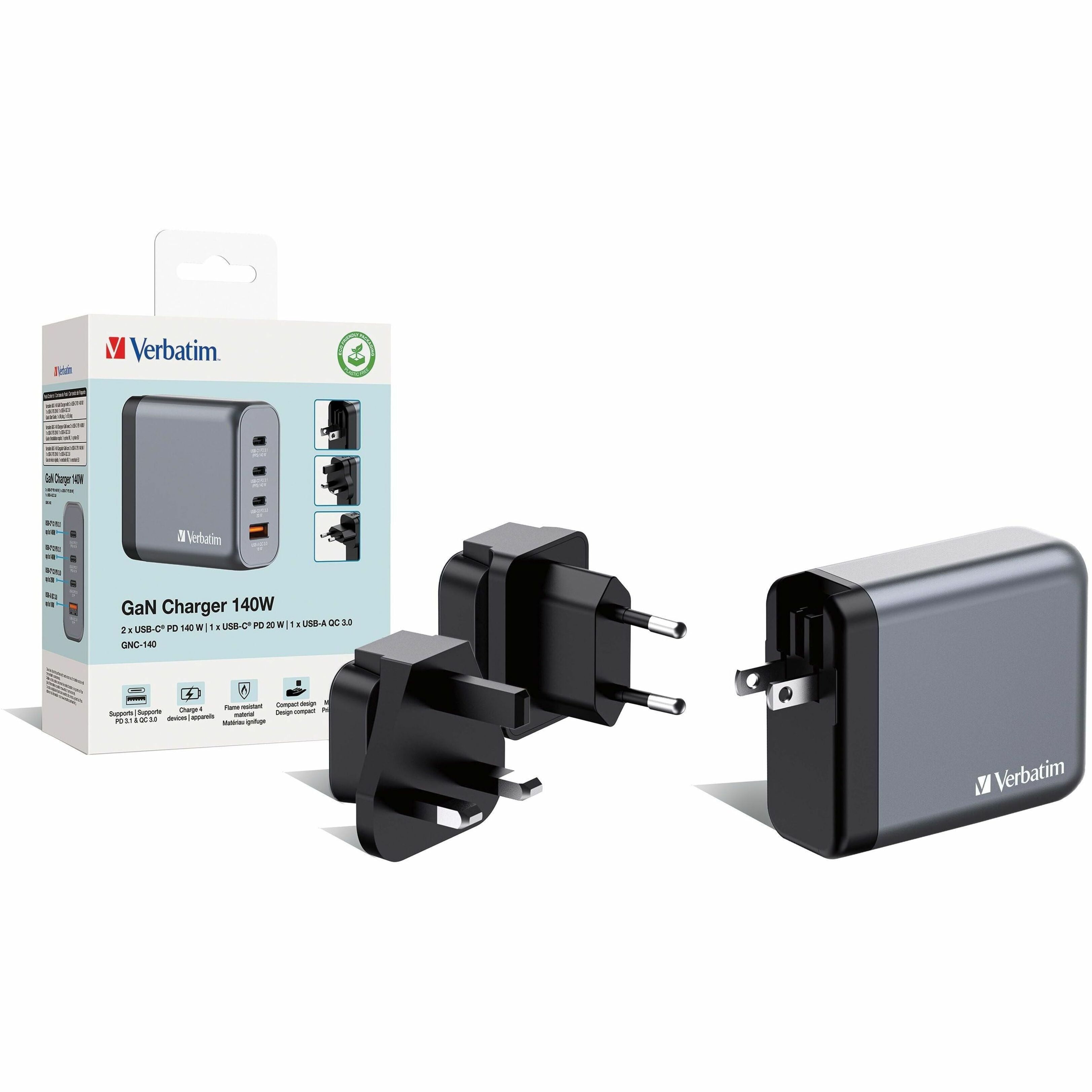 Verbatim 140 W 4-Port GaN Wall Charger, Black/Gray
