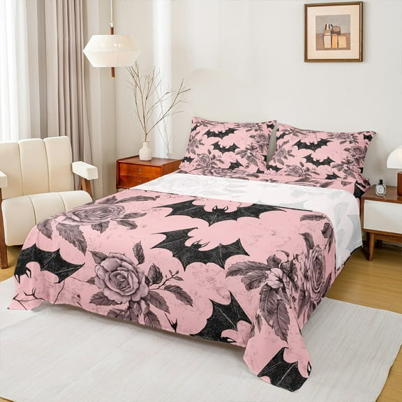 Feelyou Gothic Bat Print Twin Sheet Sets, Vintage Pink Rose Twin Fitted Sheet, Western Halloween Flat Sheet, Luxury Bedroom Decor,3 Pieces