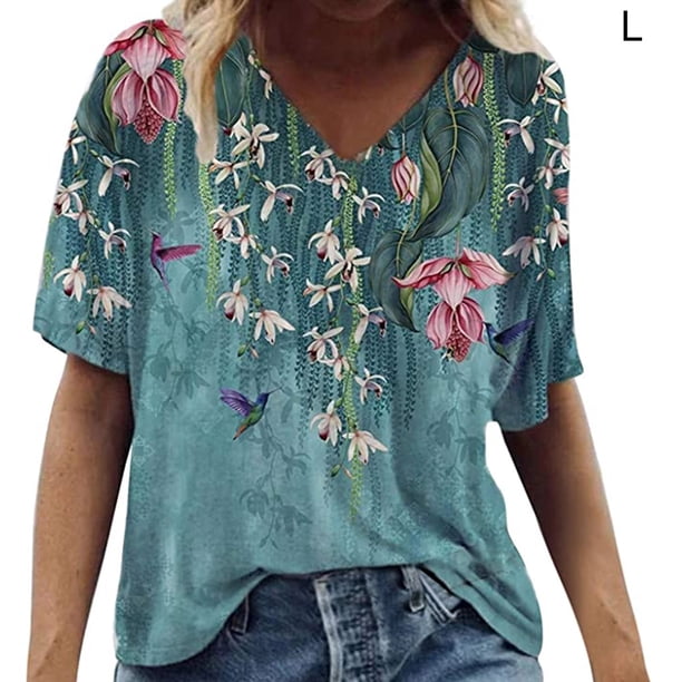 Camiseta de mujer con estampado floral, manga corta, cuello en V, blusa de playa, azul lago, L Inevent AP002484-08