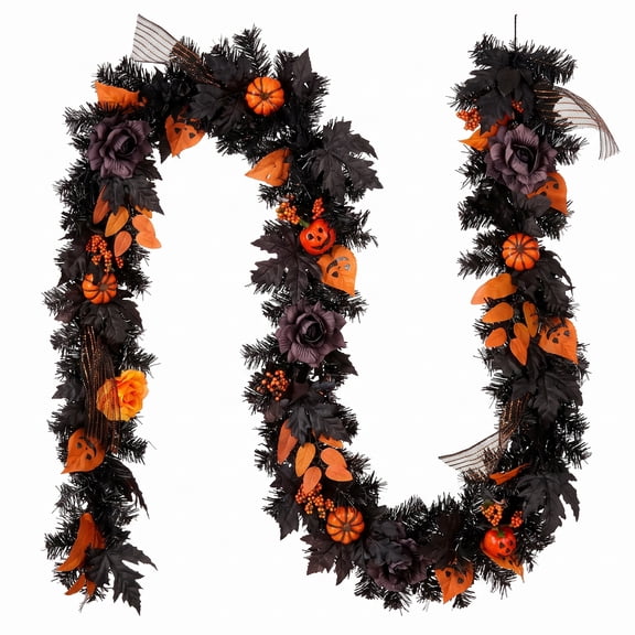 Myecovie 6ft Halloween Garland Halloween Indoor Decortaion, Black Orange Artificial Floral Garland with Pumpkins-Bendable Wire Base for Staircase, Fireplace, Door, Halloween Party Decor