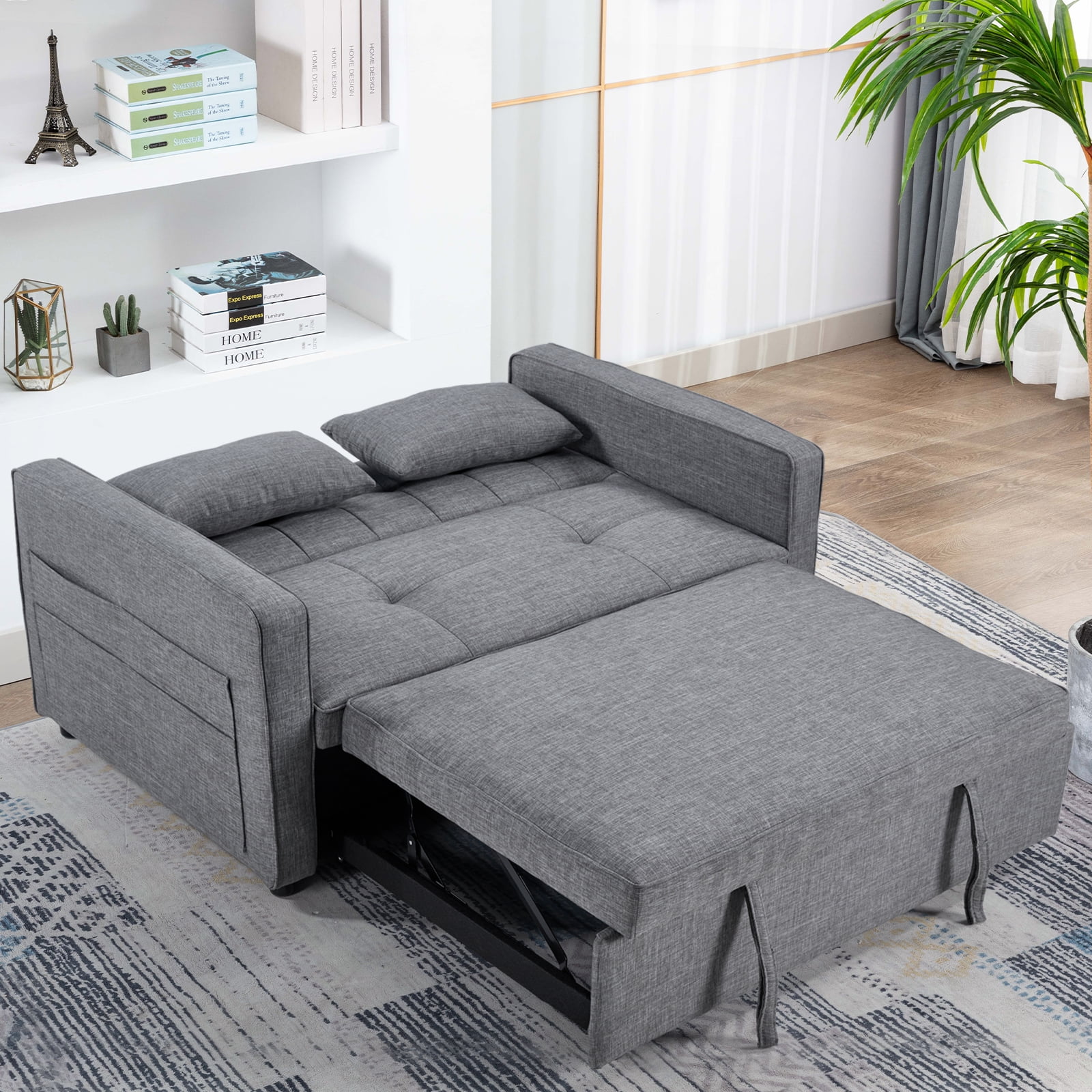 Bonzy Home Folding Convertible Loveseat Sofa Bed, Gray - 3-in-1 Pull Out Couch with Adjustable Backrest, Multi-Functional Sleeper Sofa for Living Room, Apartment, Small Space