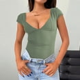 thumbnail image 3 of Kagetolytai Womens Tops Women's Sexy Deep V Neck Backless Top Short Sleeve Slim T Shirt Summer Tops for Women 2024 Army Green S, 3 of 6