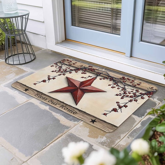 Red Texas Star Rustic Door Mat Indoor Outdoor, Country Star Berries Wooden Non Slip Welcome Mat with Rubber Backing, Absorbent Fabric Front Door Mats Entryway Rug for Home Patio Entrance 16"x24"