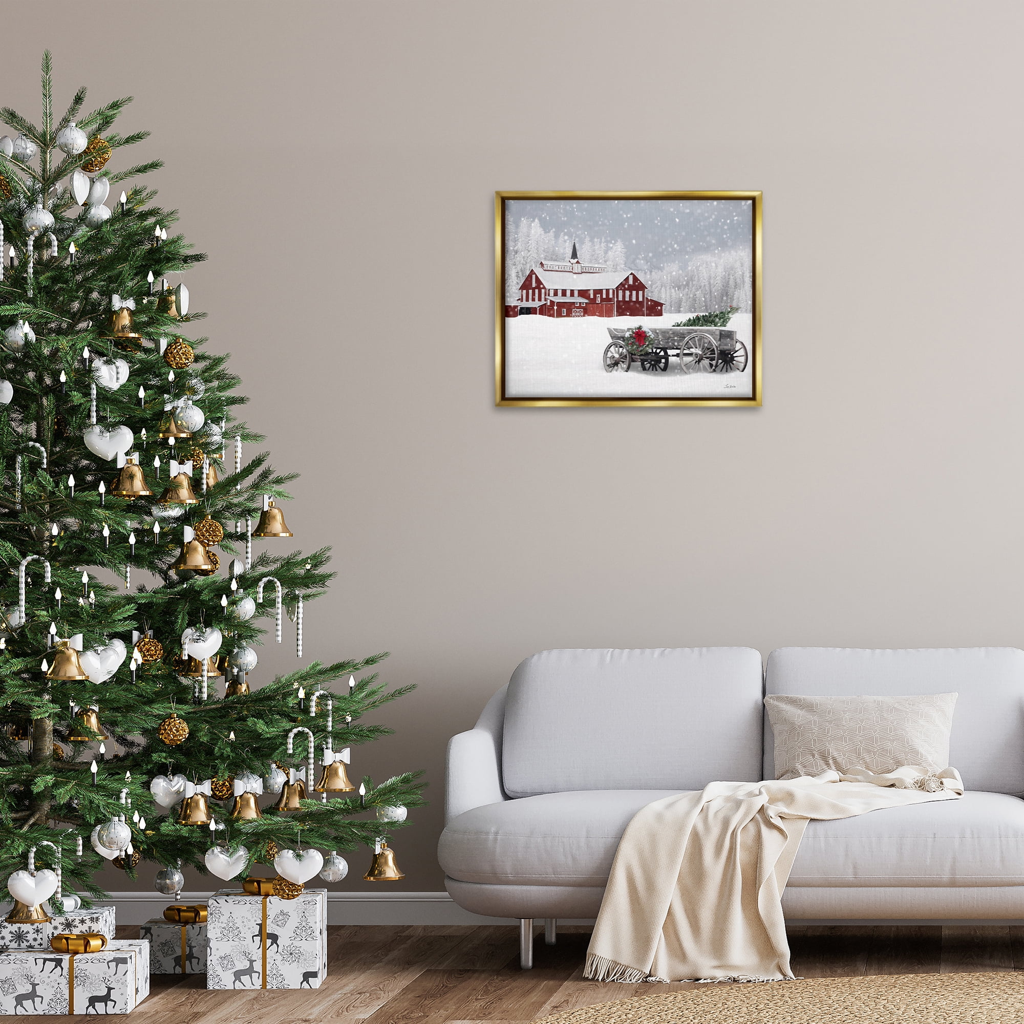 Stupell Industries Winter Wagon Scene Holiday Painting Gold Floater Framed Art Print Wall Art, 31 x 25