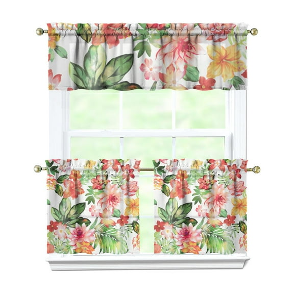 Kitchen Curtains 24 Inch Short - 3 Panel Set, Rod Pocket Window Curtain with Tropical Leaf Botanical Print, 100% Polyester for Farmhouse, Cafe, Kitchen, Bedroom, Easy Wash