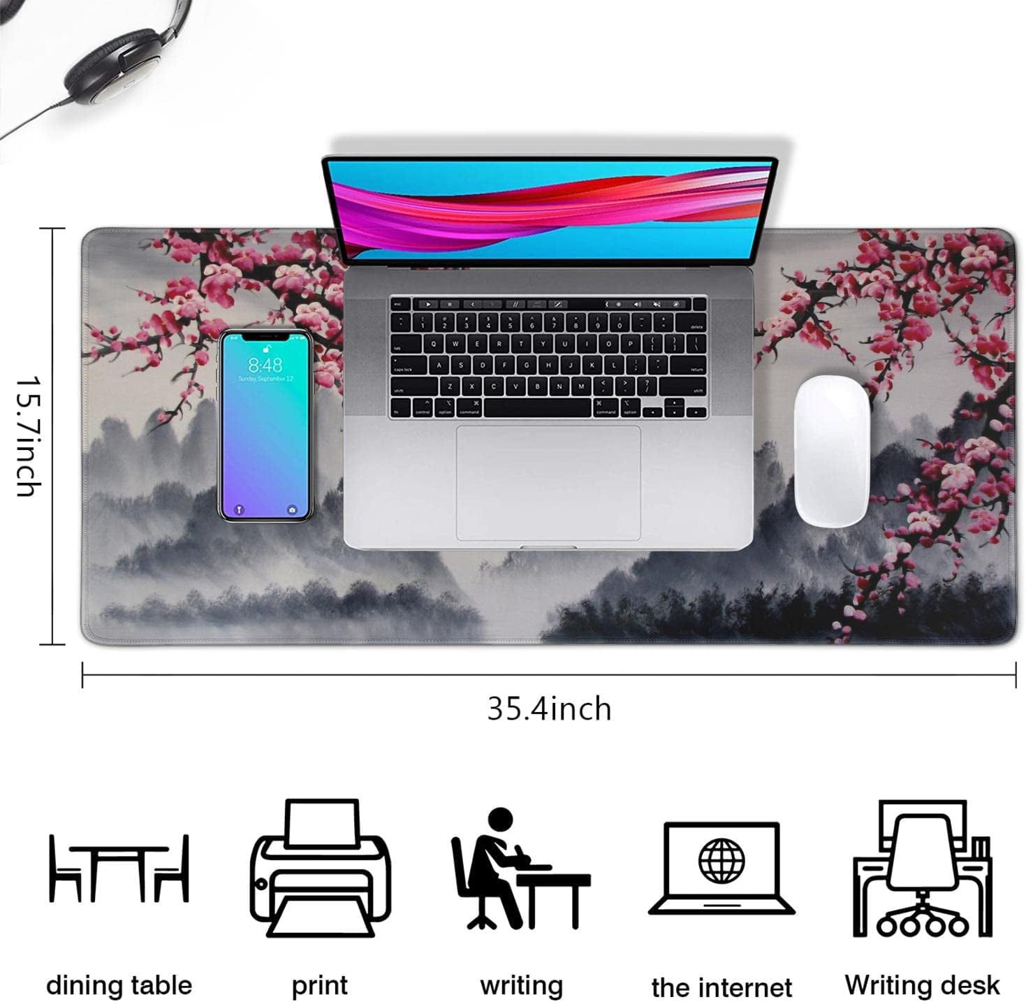 Gaming Mouse Pad, Desk Pad with Non-Slip Base Extended Large Mouse Pad XXL Keyboard Mouse Pad Desk Mat On Top of Desks for Work, Game, Office, Home - Japanese Cherry Blossom (31.5x15.7 in)