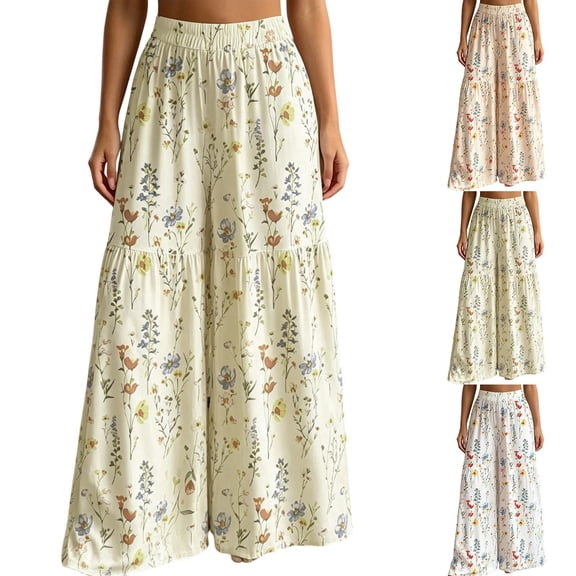 Arlun Womens Wide Leg Pants 2026 Summer Floral Print Elastic High Waist Palazzo Pants Boho Style Splicing Pleated Loose Lightweight Flowy Travel Vacation Trousers for Daily Wear 1-White XL