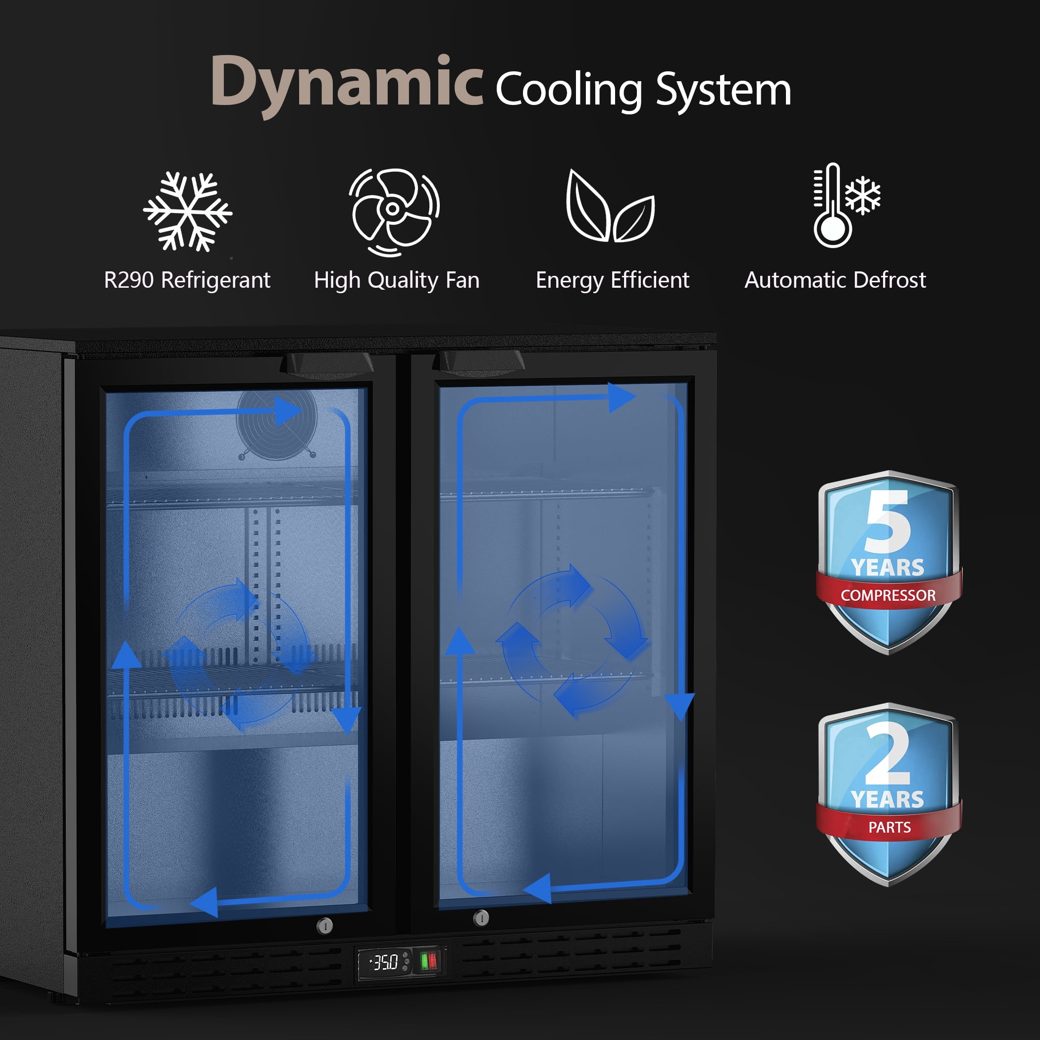 Coolake 36in 7.4 cu.ft Commercial Back Bar Cooler with 2 Glass Doors, Under Counter Beverage Refrigerator for Restaurant
