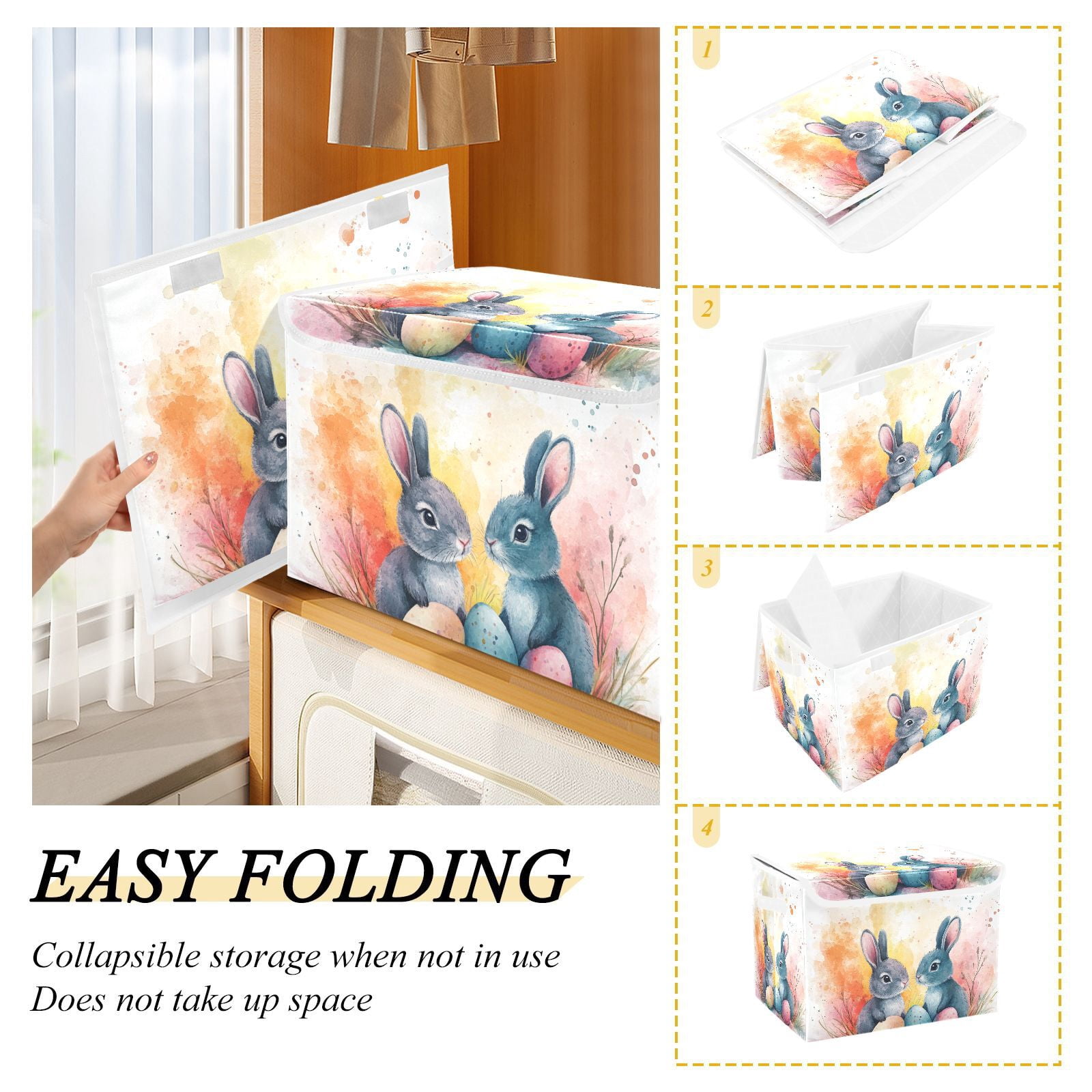 Easter Eggs Bunnies Leaves Storage Basket for Shelves Foldable Container Organizer for Organizing Toys Clothes Books with Handles