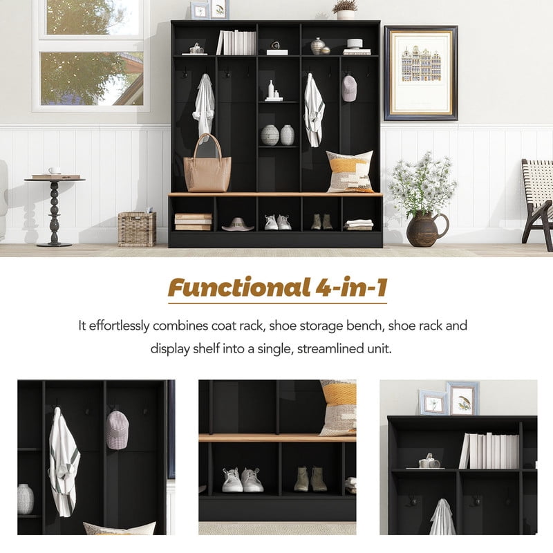 Large Hall Tree with Storage Shoe Bench, Minimalist Cabinet with Cube & Shelves, Home Mudroom Coat Rack with 8 Hooks