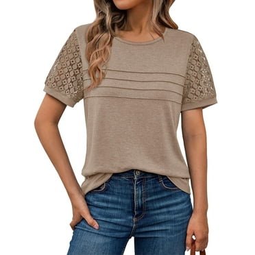 SUNBS Blouses for Women Short Sleeve Lace Tops Dressy Casual Tees, Sizes S-2XL