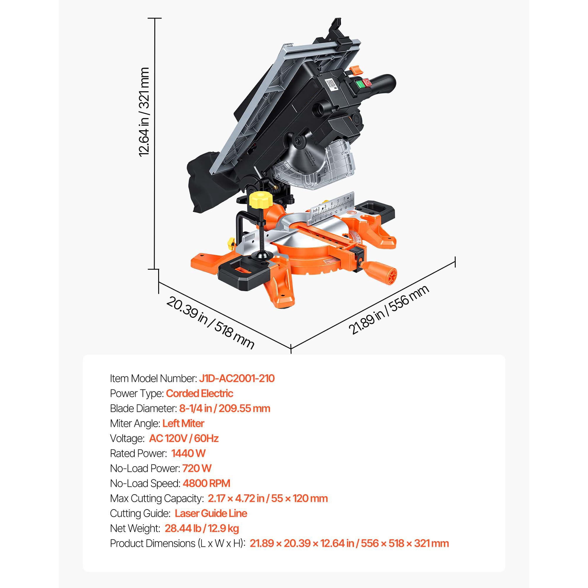 KFFKFF Compound Miter Saw, 8-1/4 inch Blade, Dual-Function Miter/Table Saw, Featuring Laser Alignment, Adjustable Cutting Angles, 4800 RPM Speed, Equipped with Splash Guard, Suitable for Wood, Metal