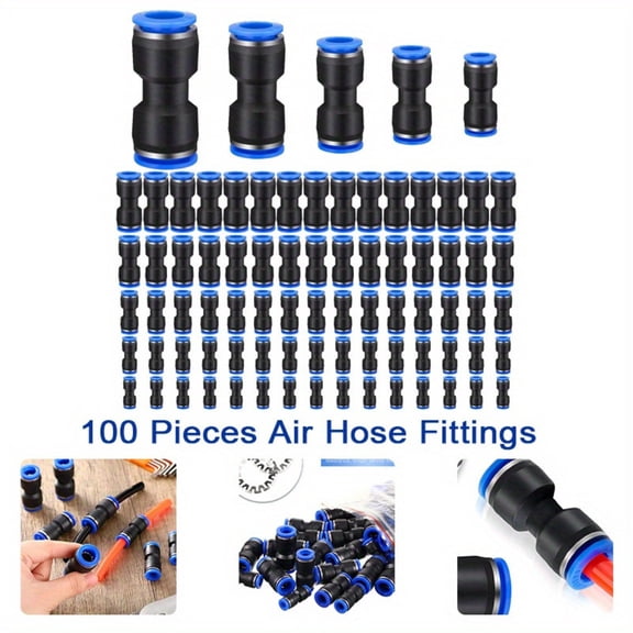 100-Pc Push-to-Connect Air Fitting Assortment - 5 Sizes (1/4" to 1/2") for Pneumatic Systems