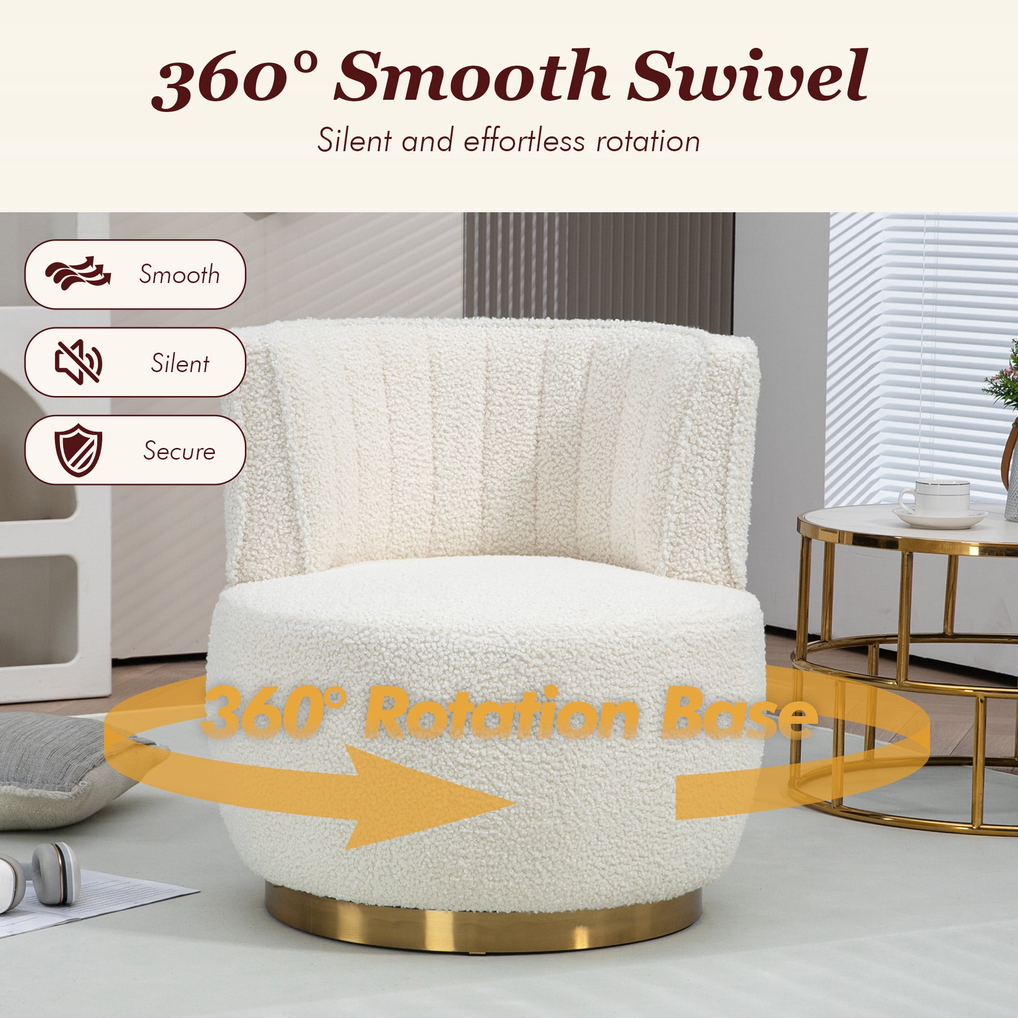 MOONMISS 360° Swivel Barrel Accent Chairs, Round Armchairs with Wide Upholstered, Teddy Fabric for Living Room, Bedroom,White