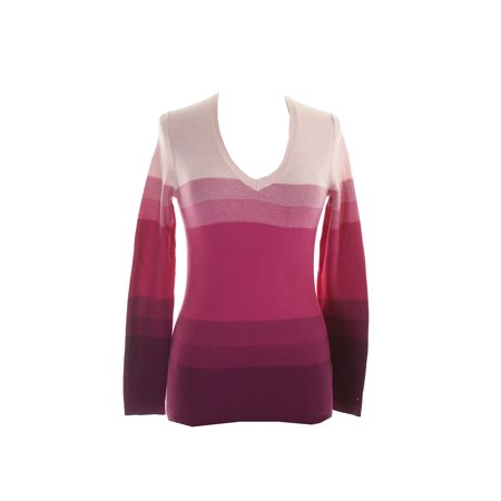 Tommy Hilfiger Pink Colorblocked Ombre-Stripe V-Neck Sweater S