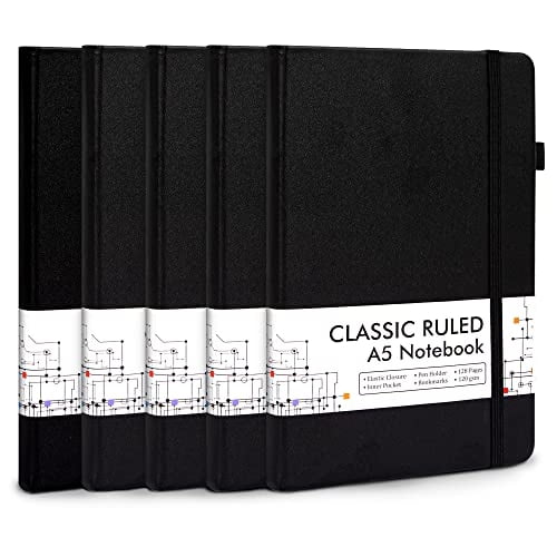Lote 5 Cuadernos Agenda por Mayor para la Escuela, Tapa Dura Clásica, 120 GSM, A5, Negro
