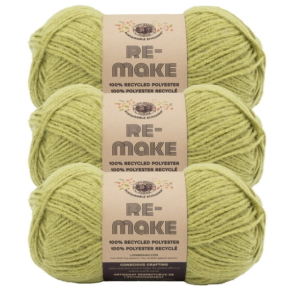 Lion Brand Yarn Re-Make Split Pea Medium Recycled Polyester Green Yarn 3 Pack