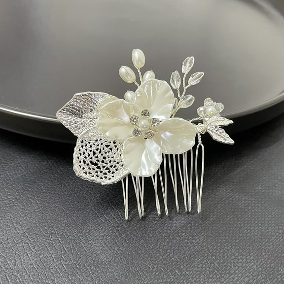 Nvzi -b Bridal Flower Wedding Hair Pins Crystal Pearl Hair Combs Clips Headpiece Gold Wedding Hair Accessories Jewelry with Rhinestone for Brides Bridesmaids Women Girls (White)