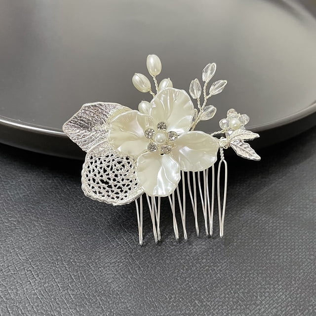 Nvzi Horquillas para el pelo de boda con flores para novias, peinetas con perlas de cristal, pinzas para el pelo, accesorios para el pelo de boda dorados, joyas, color blanco
