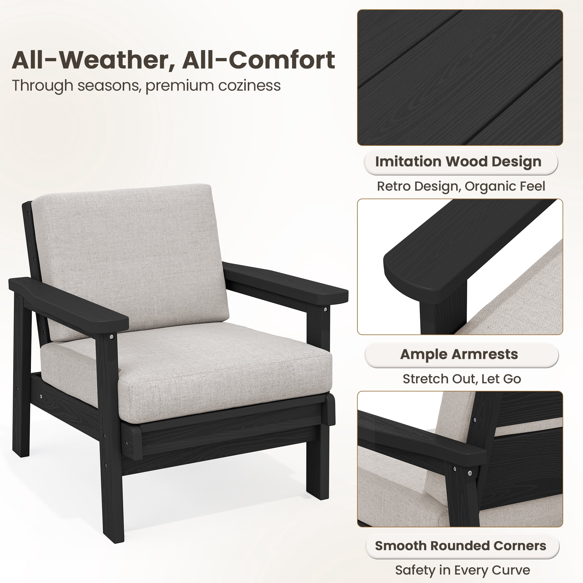 SERWALL 2PCS Outdoor HDPE Patio Couch Sets with Cushions, Weather-Resistant Patio Furniture for Poolside, Patio, Balcony, Porch & Backyard, Black / Khaki
