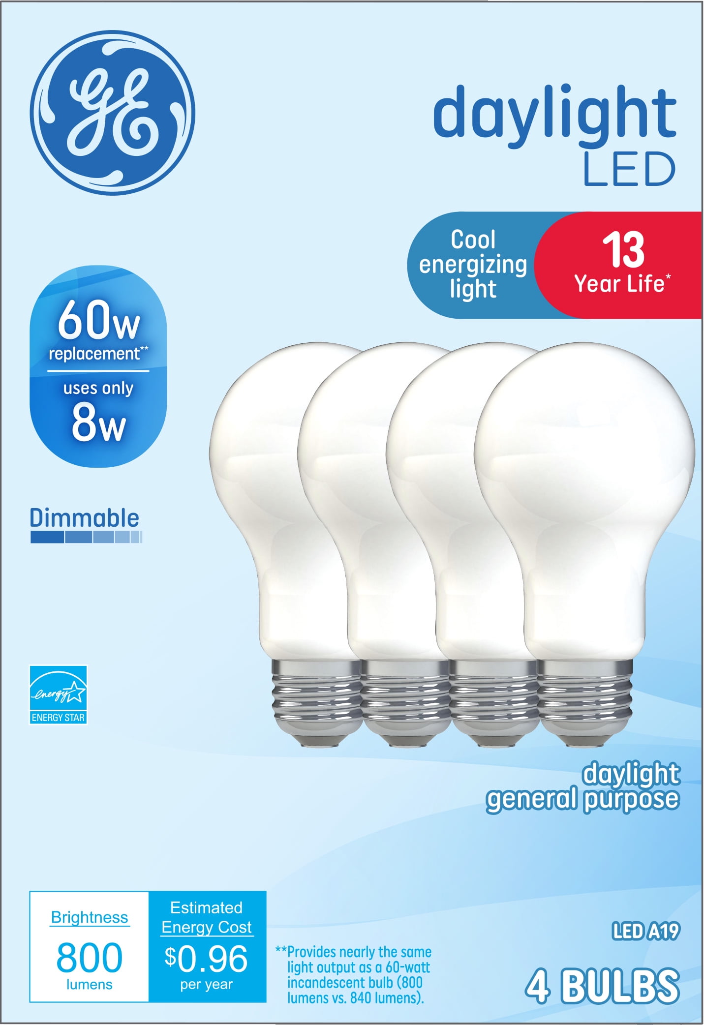 GE Daylight LED Light Bulbs, 60 Watt Eqv, A19 General Purpose, 13 year, 4pk