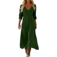 thumbnail image 2 of Ayolanni Dresses for Women Beach Long Sleeve V Neck A-Line Maxi Dresses Solid Pleated Casual Flowy Long Dress Green L, 2 of 7