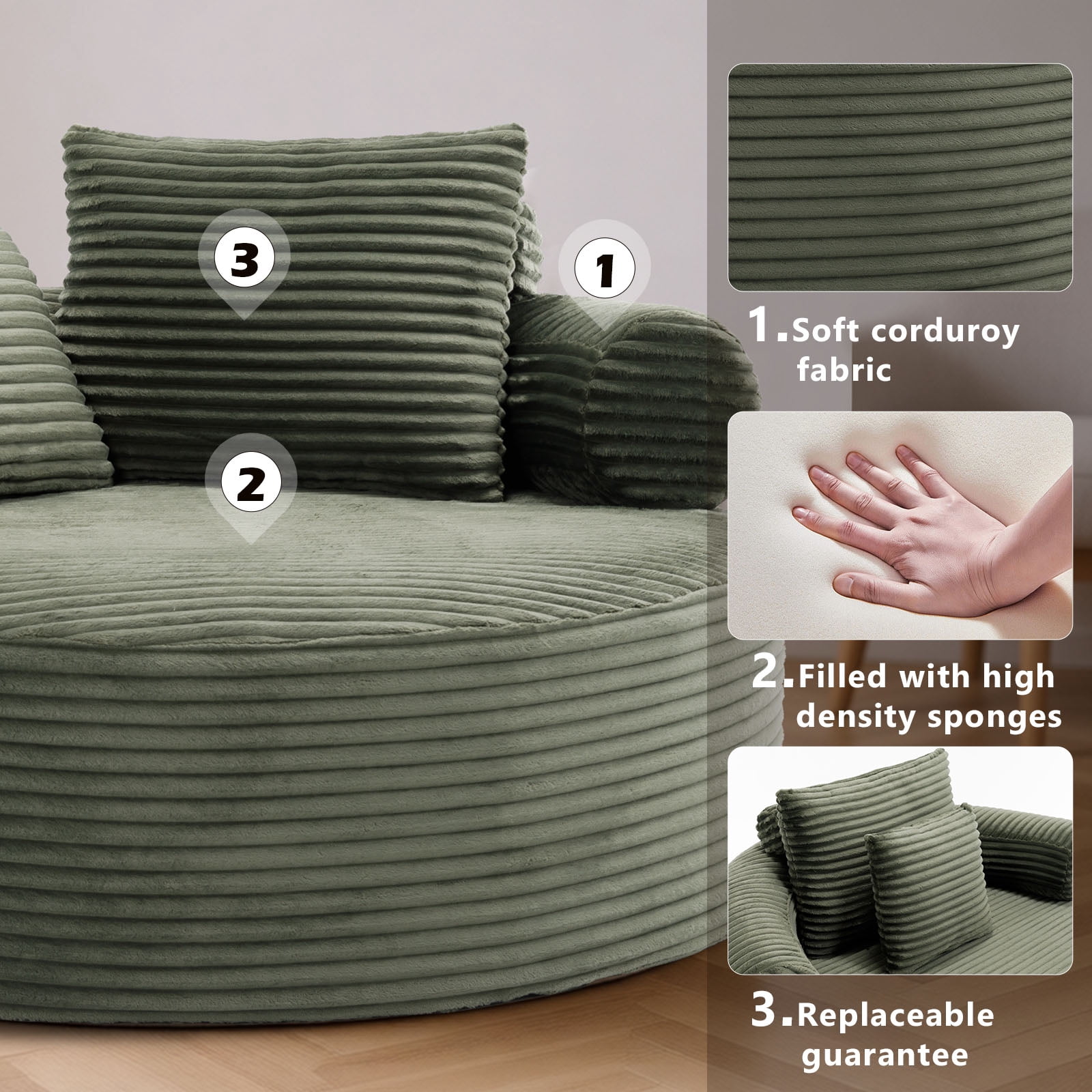 Miniyam 55.5" W Round Oversized Chaise Lounge Indoor with Memory Foam for Living Room, Cloud Couch with 3 Pillows, Green